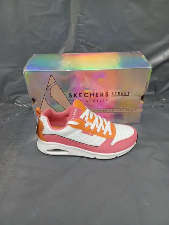 BOXED PAIR OF SKETCHERS STREET 2 MUCH FUN PINK/WHITE/ORANGE SIZE 5 1/2