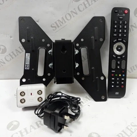 LOT OF APPROXIMATELY 12 ASSORTED ELECTRICALS TO INCLUDE ONE FOR ALL UNIVERSAL EVOLVE REMOTE, ONE FOR ALL SMARTLINE UNIVERSAL WALL MOUNT (13-40"), 4-WAY TV SIGNAL BOOSTER/SPLITTER, ETC