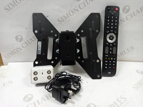 LOT OF APPROXIMATELY 12 ASSORTED ELECTRICALS TO INCLUDE ONE FOR ALL UNIVERSAL EVOLVE REMOTE, ONE FOR ALL SMARTLINE UNIVERSAL WALL MOUNT (13-40"), 4-WAY TV SIGNAL BOOSTER/SPLITTER, ETC