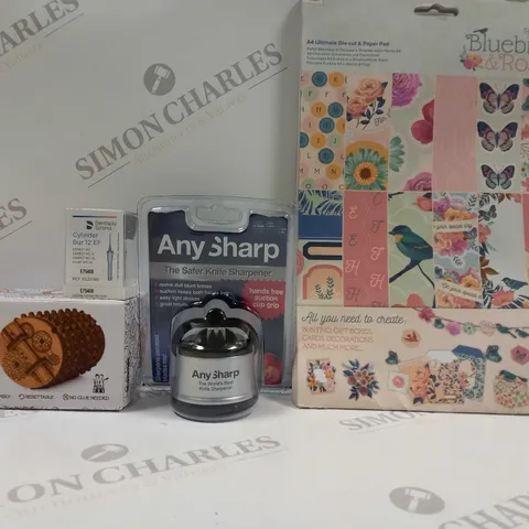 BOX OF APPROX 20 ASSORTED ITEMS TO INCLUDE - ANY SHARP KNIFE SHARPENER - BLUEBIRDS & ROSES PAPER PAD - DENTSPLY SIRONA CYLINDER BUR 12 EF ECT