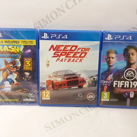 BOX OF 3 PS4 GAMES TO INCLUDE FIFA 19, CRASH BANDICOOT NSANE TRILOGY, NEED FOR SPEED PAYBACK