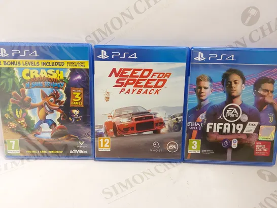 BOX OF 3 PS4 GAMES TO INCLUDE FIFA 19, CRASH BANDICOOT NSANE TRILOGY, NEED FOR SPEED PAYBACK