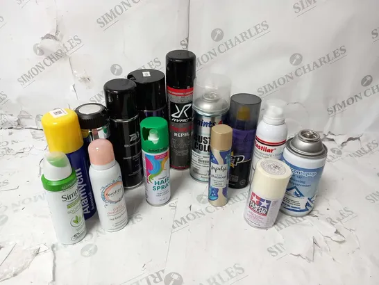 APPROXIMATELY 22 ASSORTED AEROSOL SPRAYS TO INCLUDE; OSCAR, SIMPLE, FEMFRESH, IMPULSE, TAMIYA COLOR, ENSTILAR, CREP AND PAINTS 4 U