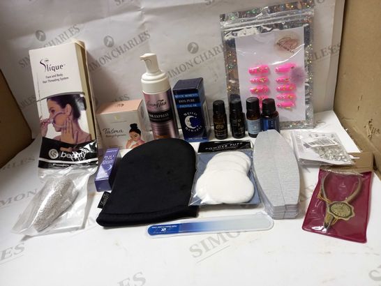 LOT OF APPROX 12 ASSORTED COSMETIC PRODUCTS TO INCLUDE DELUXE BRONZING MOUSSE, PUMICE STONE, ESSENTIAL OILS, ETC