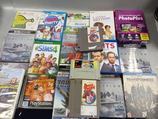 LOT OF APPROXIMATELY 20 ASSORTED MEDIA ITEMS TO INCLUDE FARMING SIMULATOR PC GAME, SUITS BLUE-RAY AND WORMS ARMAGEDDON FOR PLAYSTATION