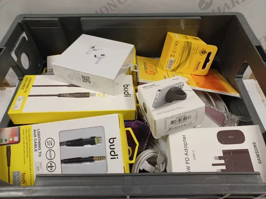 BOX TO CONTAIN APPROX 30 X ASSORTED PHONE ACCESSORIES, INCLUDES PHONE CASES, CHARGING CABLES, EARPHONES ETC 