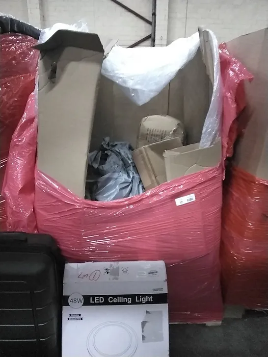 PALLET OF ASSORTED ITEMS TO INCLUDE: COMPOST SPREADER, LED CEILING LIGHT, KISEELY PORTABLE BATHTUB, LUGGAGE ETC