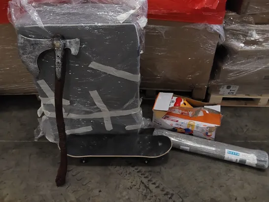 PALLET OF ASSORTED ITEMS INCLUDING: FOLDING MATTRESS, CHILDREN'S TOY, RUG, SKATEBOARD, COSTUME PROP AXE