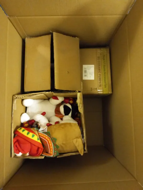 BOX OF APPROX 10 HOME DECOR ITEMS TO INCLUDE ANIMATED DOG, CERAMIC PUMPKINGS AND LARGE LIGHT UP TREES