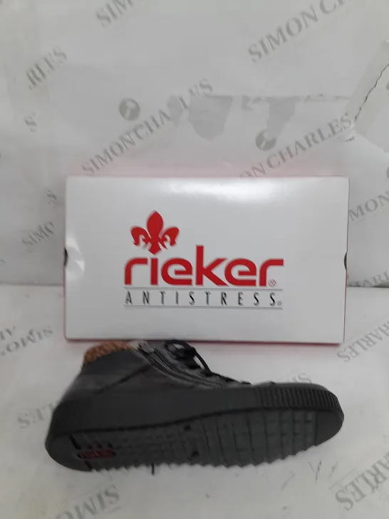 BOXED PAIR OF RIEKER HIGH TOP CUFFED TRAINERS IN BLACK - SIZE 7.5