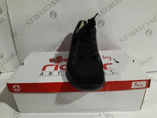 BOXED PAIR OF RIEKER WEDGE TRAINERS IN BLACK UK SIZE 4