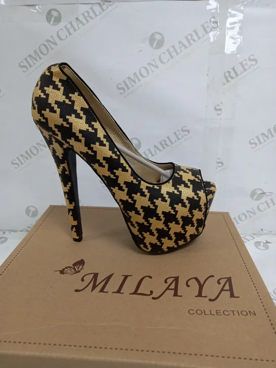 BOX OF 5 PAIRS OF MILAYA BLACK & GOLD HIGH HEELS 