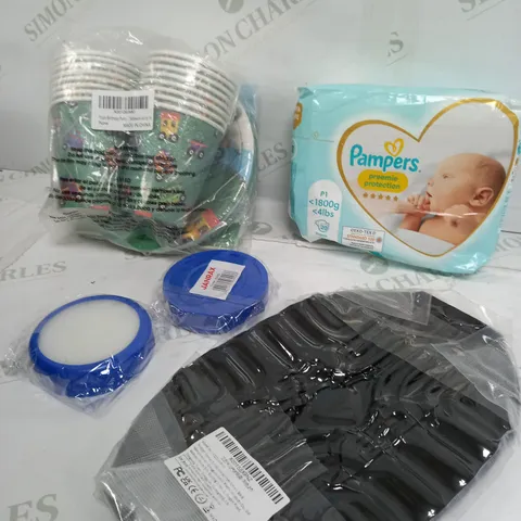 BOX OF APPROXIMATELY 10 ASSORTED ITEMS TO INCLUDE - PAMPERS, PAPER COOKWEAR, AIR FRYER LINER ETC