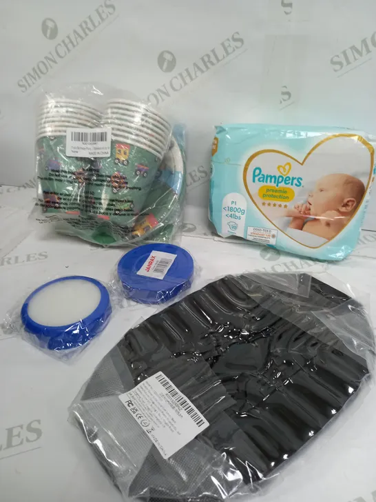 BOX OF APPROXIMATELY 10 ASSORTED ITEMS TO INCLUDE - PAMPERS, PAPER COOKWEAR, AIR FRYER LINER ETC