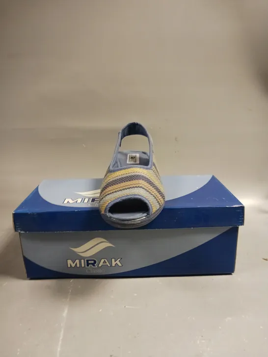 BOXED PAIR OF MIRAK CLASSIC OPEN TOE SLIP ON SANDLES IN BLUE - SIZE 5