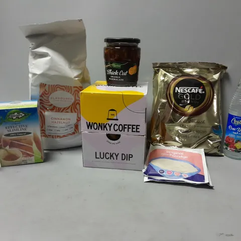 LOT OF ASSORTED FOOD ITEMS TO INCLUDE NESCAFE GOLD BLEND COFFEE, WONKY COFFEE LUCKY DIP, ETC