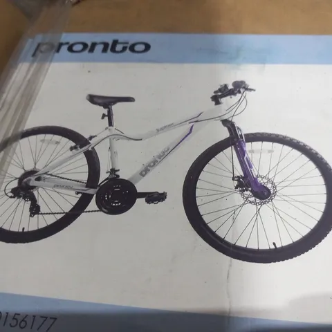 BOXED PRONTO 26" ALLOY FRAME FRONT SUSPENSION MOUNTAIN BIKE WITH FRONT DISC BRAKES, REAR ALLOY V BRAKES AND 21 SHIMANO REAR GEAR AND REVO SHIFTER