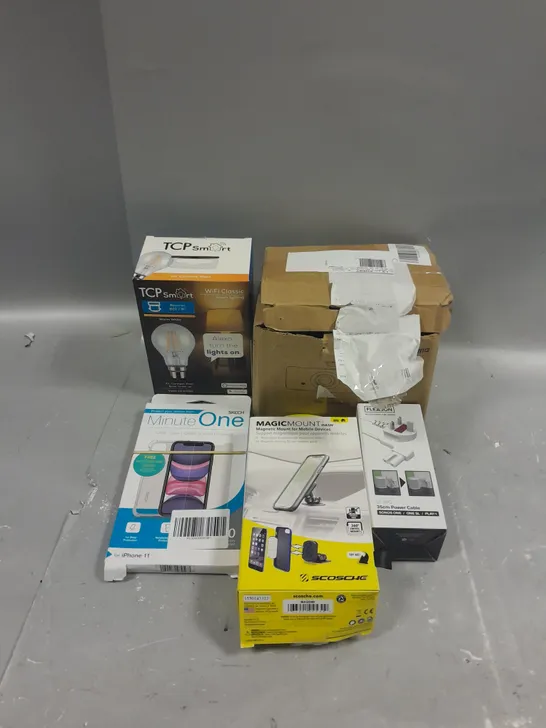 MEDIUM BOX OF ASSORTED ITEMS TO INCLUDE SCREEN PROTECTOR, BULBS AND POWER CABLE