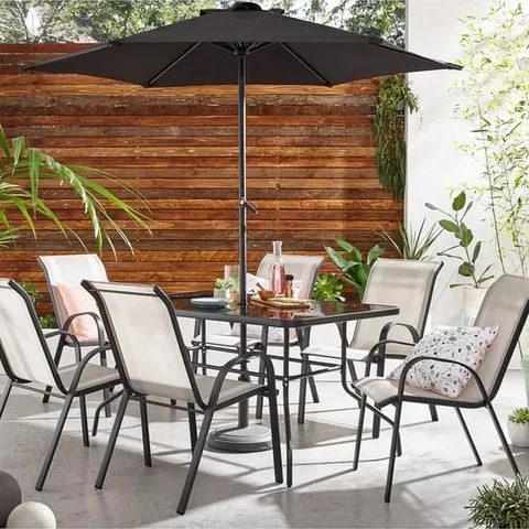 BOXED GRADE 1 PROVINCE 8-PIECE PATIO DINING SET, RECTANGULAR GLASS TOP TABLE, 6 CHAIRS & PARASOL (3 OF 3 BOXES)