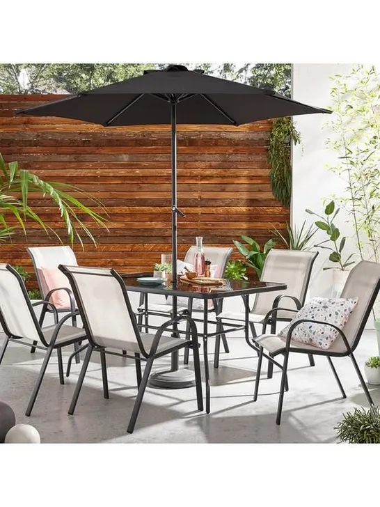 BOXED GRADE 1 PROVINCE 8-PIECE PATIO DINING SET, RECTANGULAR GLASS TOP TABLE, 6 CHAIRS & PARASOL (3 OF 3 BOXES)