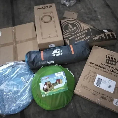 PALLET OF ASSORTED ITEMS INCLUDING AIR COOLER, RIDGE SCOOTERS, EBEBEK BABY TOYS WOODEN TABLE AND CHAIR, UTEX 3 IN 1 POP UP PLAY TENT HOUSE, HEWOLF, BFULL POPUP TENT