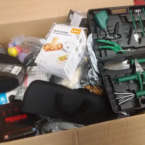 BOX OF ASSORTED ITEMS INCLUDING TRAILER TIRE, PREDATOR DVD COLLECTION, ELECTRIC LUNCH BOX HEATER, BARBECUE UTENSIL SET, GARDENING TOOL KIT