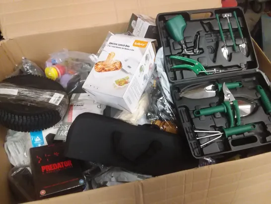 BOX OF ASSORTED ITEMS INCLUDING TRAILER TIRE, PREDATOR DVD COLLECTION, ELECTRIC LUNCH BOX HEATER, BARBECUE UTENSIL SET, GARDENING TOOL KIT