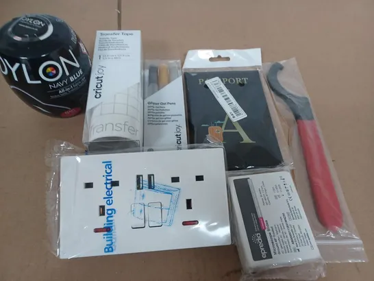 BOX OF ASSORTED HOUSE HOLD ITEMS TO INCLUDE - PLUG SOCKET - CRICUTJOY - TOOLS