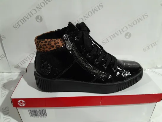 BOXED PAIR OF RIEKER BROWN HIGH TOP LEOPARD CUFF TRAINERS BLACK - SIZE 5 