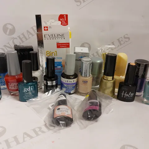 BOX OF APPROX 20 ITEMS TO INCLUDE MIA SECRET XTRABOND PRIMER, REVLON NAIL POLISH AND NAILTIQUES FORMULA 2 PROTEIN