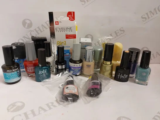 BOX OF APPROX 20 ITEMS TO INCLUDE MIA SECRET XTRABOND PRIMER, REVLON NAIL POLISH AND NAILTIQUES FORMULA 2 PROTEIN