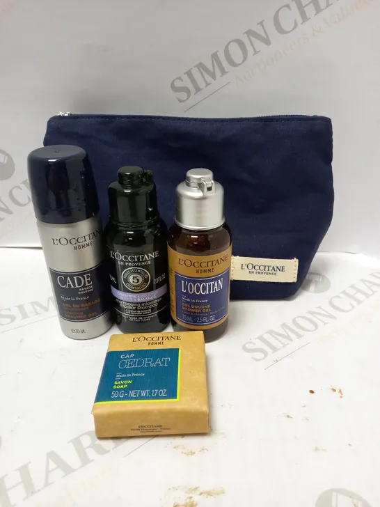 LOT OF 4 ASSORTED L'OCCITANE PRODUCTS TO INCLUDE SHAVING GEL, MICELLAR SHAMPOO, SHOWER GEL, SOAP 