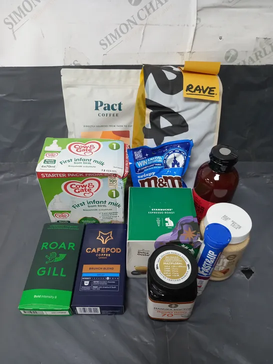 APPROXIMATELY 10 ASSORTED FOOD & DRINK ITEMS TO INCLUDE - COW&GATE FIRST INFANT MILK - PWDERED PEANUT BUTTER ORIGINAL - DOLCE GUSTO STARBUCKS ESPRESSO ROAST - ETC 