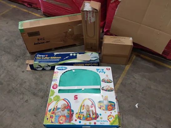 PALLET OF ASSORTED CONSUMER PRODUCTS TO INCLUDE; PURE COOL FAN, BALANCE BIKE, VITREOUS 600MM TILE CUTTER, LED HIGH BAY LIGHT, BABY PLAYPEN ECT