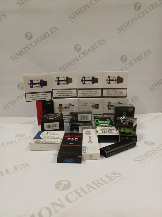 APPROXIMATELY 20 ASSORTED VAPING PRODUCTS AND ACCESSORIES TO INCLUDE VAPOURIZ USB WALL ADAPTER, VAPOURIZ FUSE DUAL COILS, VAPORESSO XROS SERIES MESH POD, ELF REPLACEMENT COILS, ETC.  