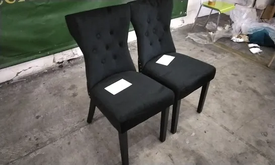 PAIR OF KENSINGTON BLACK VELVET BUTTON BACK DINING CHAIRS WITH BLACK LEGS