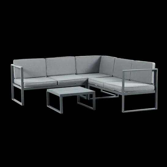 BOXED CHESTER GREY MODERN METAL GARDEN FURNITURE 5 SEAT CORNER SOFA AND COFFEE TABLE PATIO SET (2 BOXES)