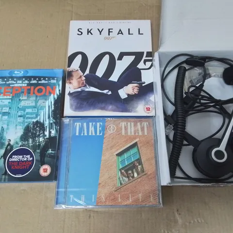 LOT OF ASSORTED ITEMS TO INCLUDE WANTEK CALL CENTER HEADSET, INCEPTION BLUERAY, SKYFALL DVD AND TAKE THAT CD