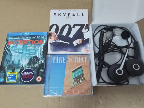 LOT OF ASSORTED ITEMS TO INCLUDE WANTEK CALL CENTER HEADSET, INCEPTION BLUERAY, SKYFALL DVD AND TAKE THAT CD