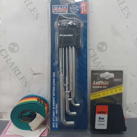 APPROXIMATELY 10 ASSORTED HOUSEHOLD ITEMS TO INCLUDE EXTRA LONG HEX KEY SET, MEASURING TAPE, ETC