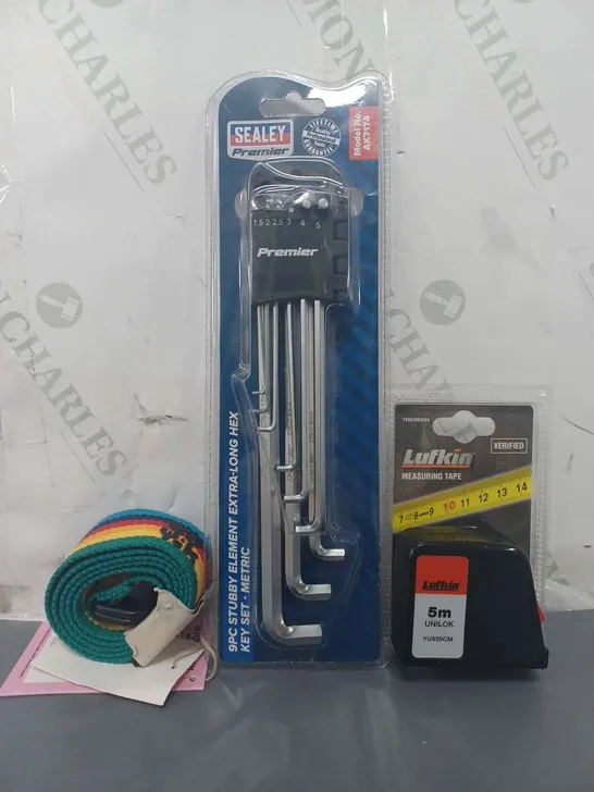 APPROXIMATELY 10 ASSORTED HOUSEHOLD ITEMS TO INCLUDE EXTRA LONG HEX KEY SET, MEASURING TAPE, ETC