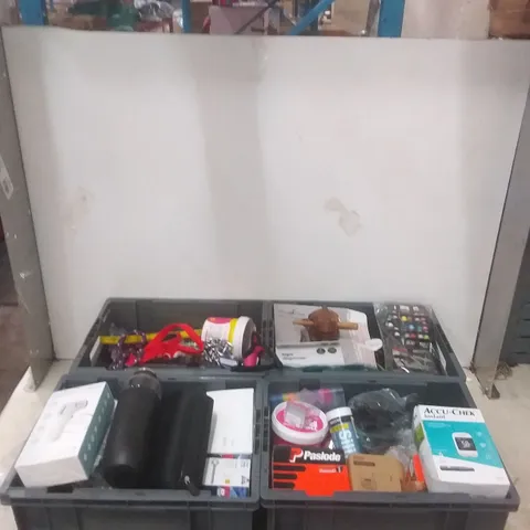 4 TOTES OF ASSORTED ITEMS INCLUDING, DOG WALKING ACCESSORIES, PASLODE NAILS, AIQURA INFARED FOREHEAD MONITOR AND ACCU-CHEK INSTANT GLUCOSE METER 