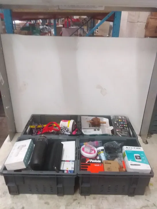 4 TOTES OF ASSORTED ITEMS INCLUDING, DOG WALKING ACCESSORIES, PASLODE NAILS, AIQURA INFARED FOREHEAD MONITOR AND ACCU-CHEK INSTANT GLUCOSE METER 