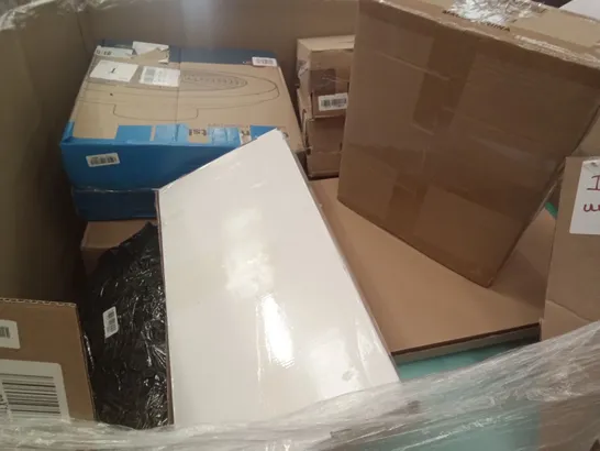 PALLET OF ASSORTED ITEMS INCLUDING HEATED THROW, COMFORT CUSHION, SORTFIELD ELECTRICAL CONVECTOR HEATER, MONCOOK DUAL AIR FRYER, SMART CEILING FAN WITH LIGHT, ABLELIFE ABLE TRAY