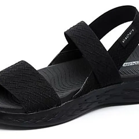 6 SHOE BOXES CONTAINING SKECHERS ON THE GO 600 GIRLS TRIP STRETCH FIT GORE SLINGBACK SANDAL - UK SIZE 4, BLACK 