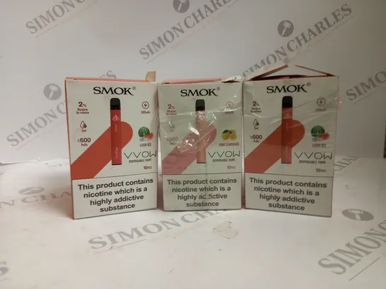 3 BOXED SMOK VVOW DISPOSABLE VAPE 10 PACK TO INCLUDE PINK LEMONADE AND LUSH ICE FLAVOURS 