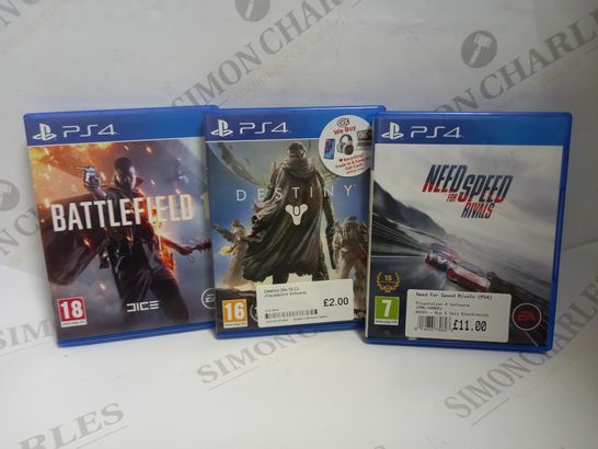 LOT OF 3 PLAYSTATION 4 GAMES, TO INCLUDE BATTLEFIELD, NEED FOR SPEED RIVALS & DESTINY