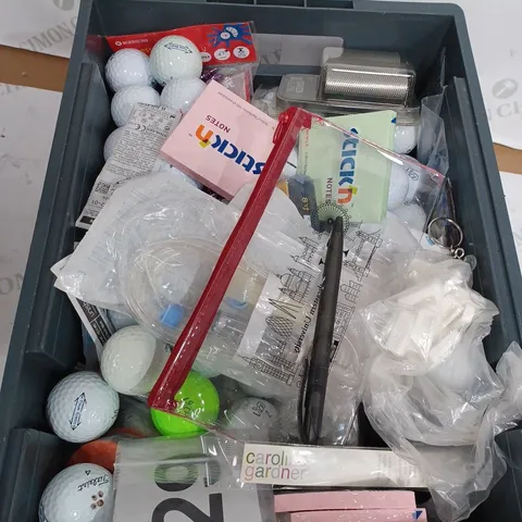 BOX OF ASSORTED HOUSEHOLD ITEMS TOO INCLUDE GOLF BALLS AND TOOLS 