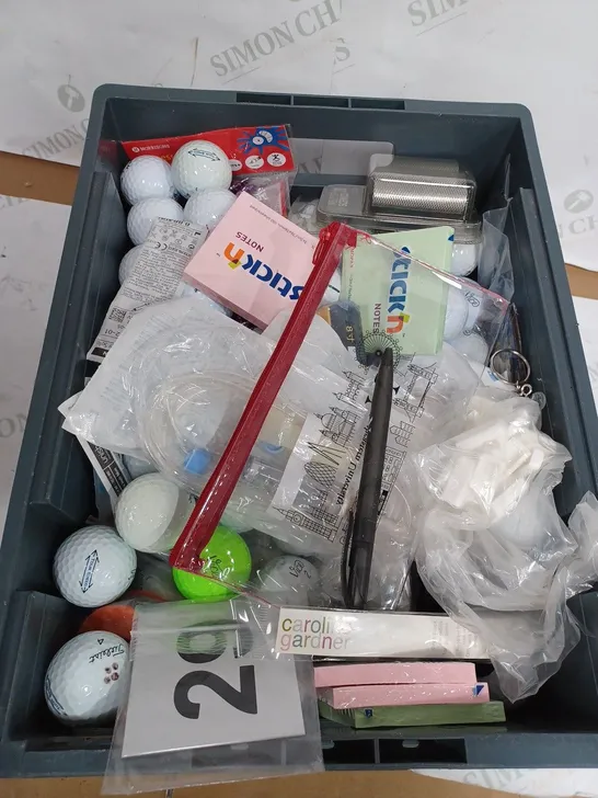 BOX OF ASSORTED HOUSEHOLD ITEMS TOO INCLUDE GOLF BALLS AND TOOLS 