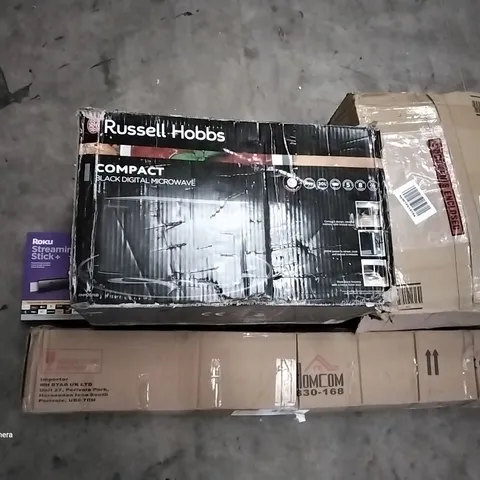 PALLET OF ASSORTED ITEMS INCLUDING ROKU STREAMING STICK+, RUSSELL HOBBS COMPACT DIGITAL MICROWAVE 